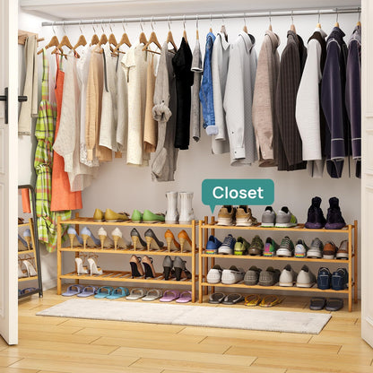 viewcare 3-Tier Black Bamboo Shoe Rack for Entryway, Stackable | Foldable | Natural, Shoe Shelf Storage Organizer for Hallway Closet, Free Standing Shoe Racks for Indoor Outdoor