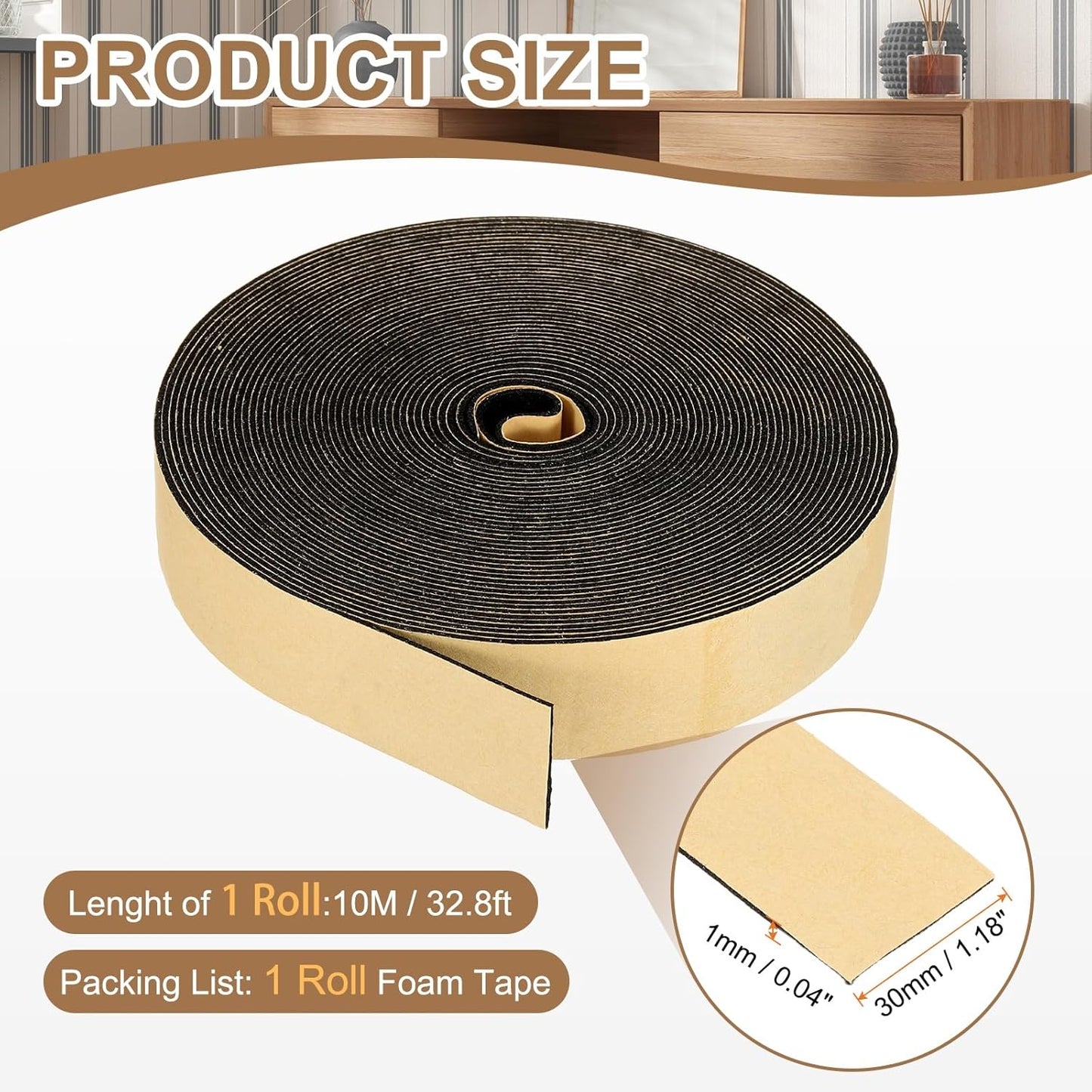 PATIKIL Foam Insulation Tape, 1-1/2" W x 1/8" t x 32.8FT Self Adhesive Weather Stripping Door Seal Strip for Door Window Air Conditioning, Black - Colors B