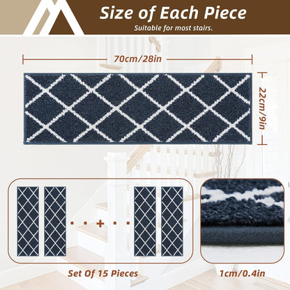 COSY HOMEER Carpet Stair Treads for Wooden Steps Non-Slip Indoor,4pcs, Navy | Peel and Stick,Reusable Adhesive,Residue Free,Washable,Pet Friendly,Soft Stair Runner for Kids,Elders,Multi-Surface Use