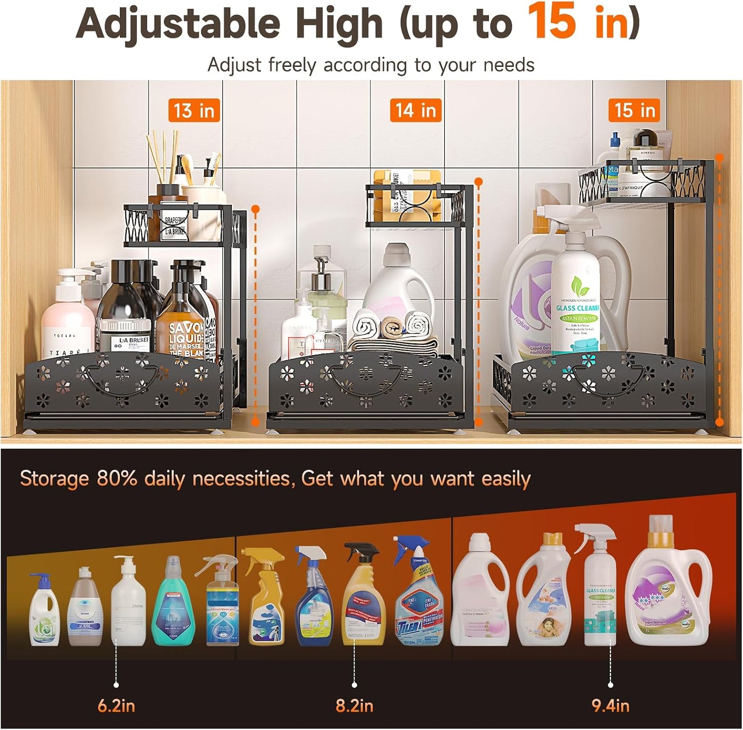 Sevenblue 2-Pack 2-Tier Height Adjustable Under Sink Organizer & Storage | Multi-purpose storage for kitchen & bathroom cabinet. Large black shelf, height adjustable design for space-saving.