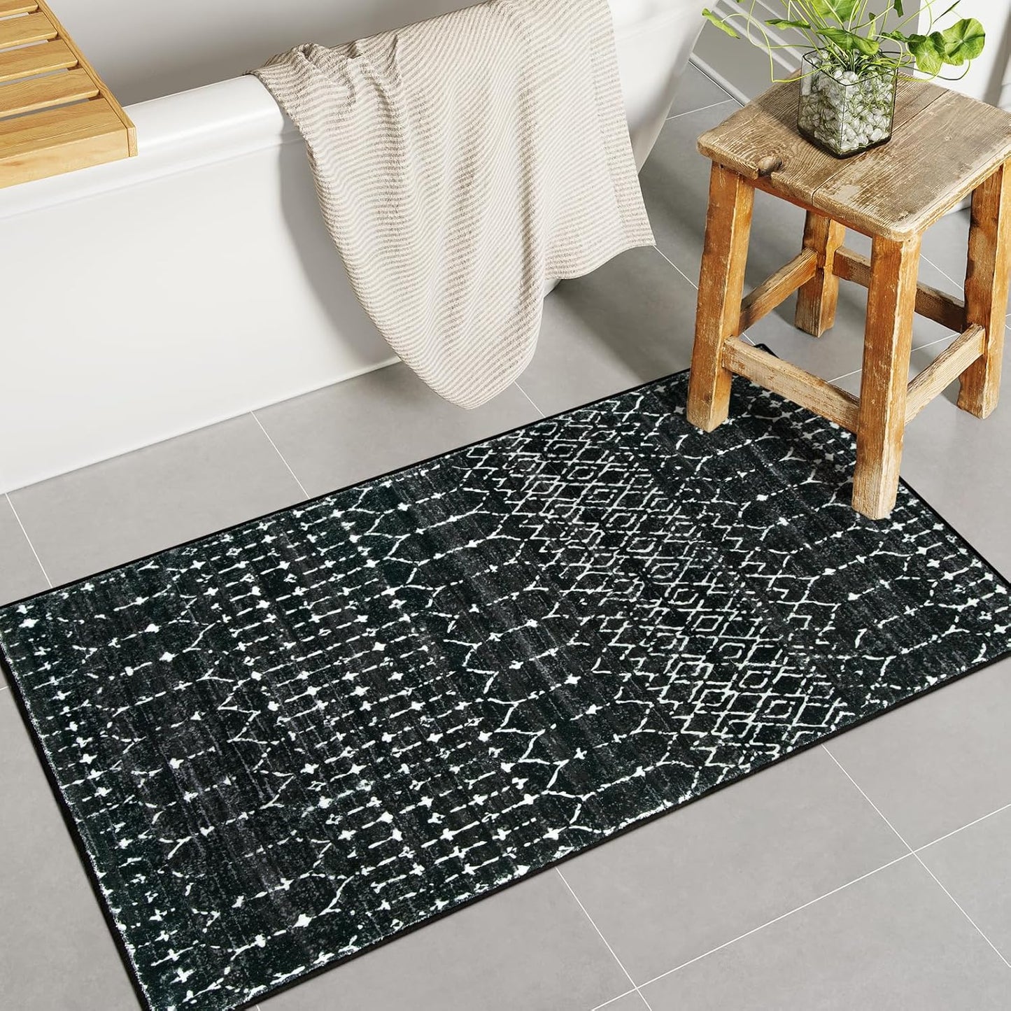Lahome Moroccan Entry Rug 2x3, Non-Slip Washable Front Indoor Door Mat Rubber Backing Low-Profile Door Rugs, Small Geometric Print Distressed for Entryway Bathroom Kitchen, Black Hana