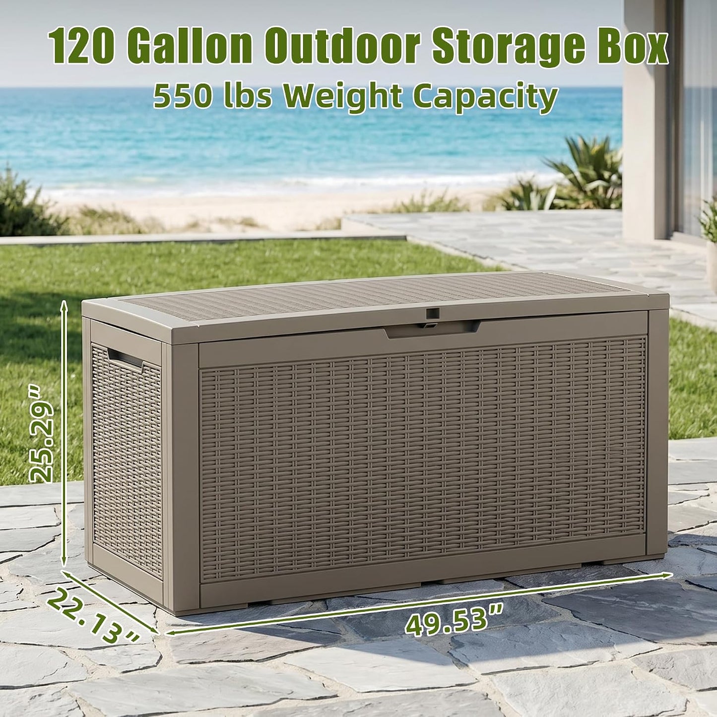ROJIK 120 Gallon Waterproof Outdoor Deck Storage Box, Lockable Resin Patio Storage Bin with Lid for Garden Tools, Patio Cushions & Outdoor Accessories(Black)