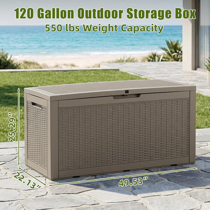 ROJIK 120 Gallon Waterproof Outdoor Deck Storage Box, Lockable Resin Patio Storage Bin with Lid for Garden Tools, Patio Cushions & Outdoor Accessories(Black)