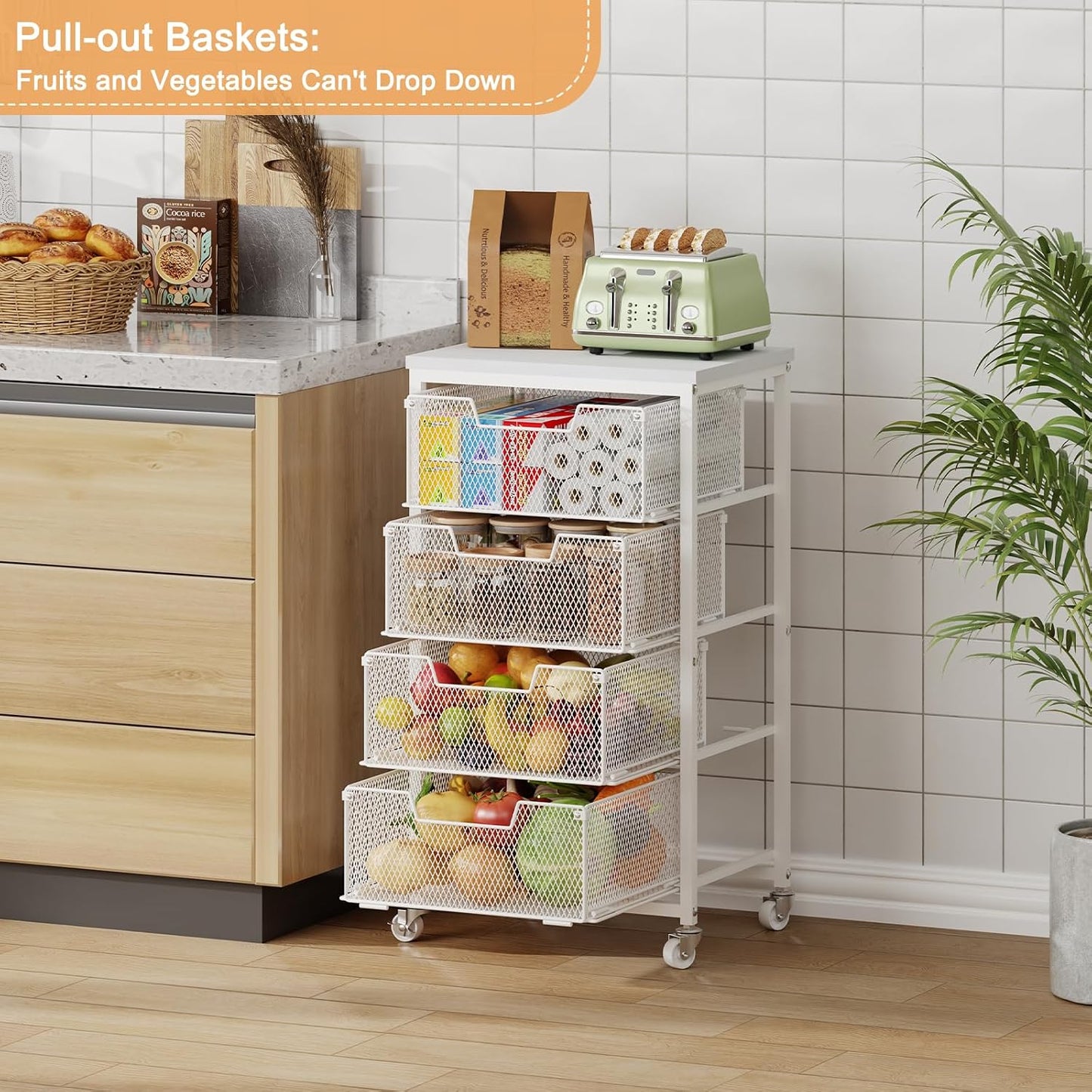 4 Tier Kitchen Rolling Cart, Kitchen Storage Cart with Wheels, Adjust Pantry Organizer and Storage Cart with Drawer, Fruit Vegetable Spice Storage Cart, Wooden Top Metal Kitchen Organizer Rack Stand