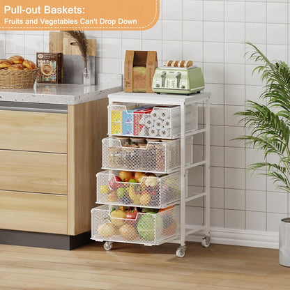 4 Tier Kitchen Rolling Cart, Kitchen Storage Cart with Wheels, Adjust Pantry Organizer and Storage Cart with Drawer, Fruit Vegetable Spice Storage Cart, Wooden Top Metal Kitchen Organizer Rack Stand