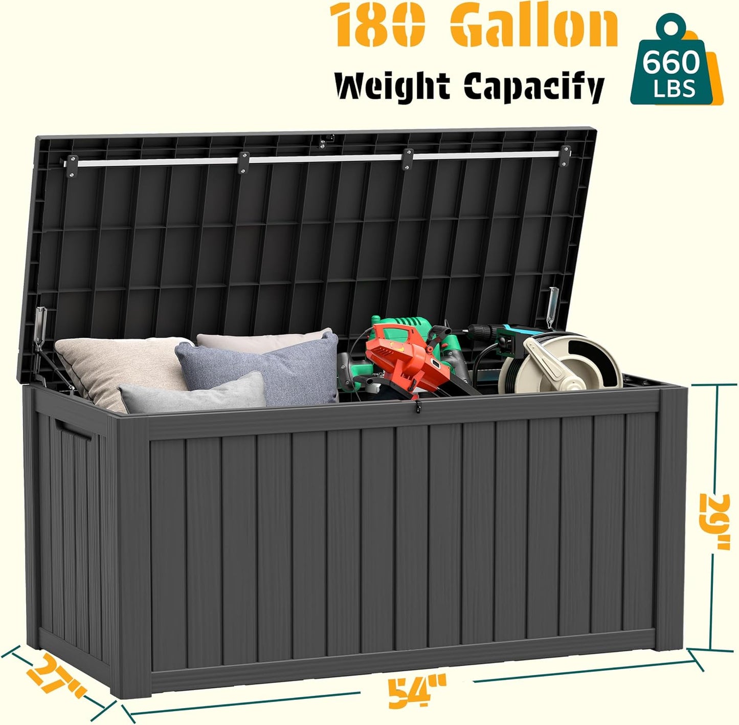 NUNU LAB Outdoor Storage Box, 45 Gallon Outside Deck Box Waterproof, Resin Outdoor Storage Cabinet With Lockable Lid, Backyard Storage Bench For Garden Tools, Patio Cushions, Pool Tools, Black