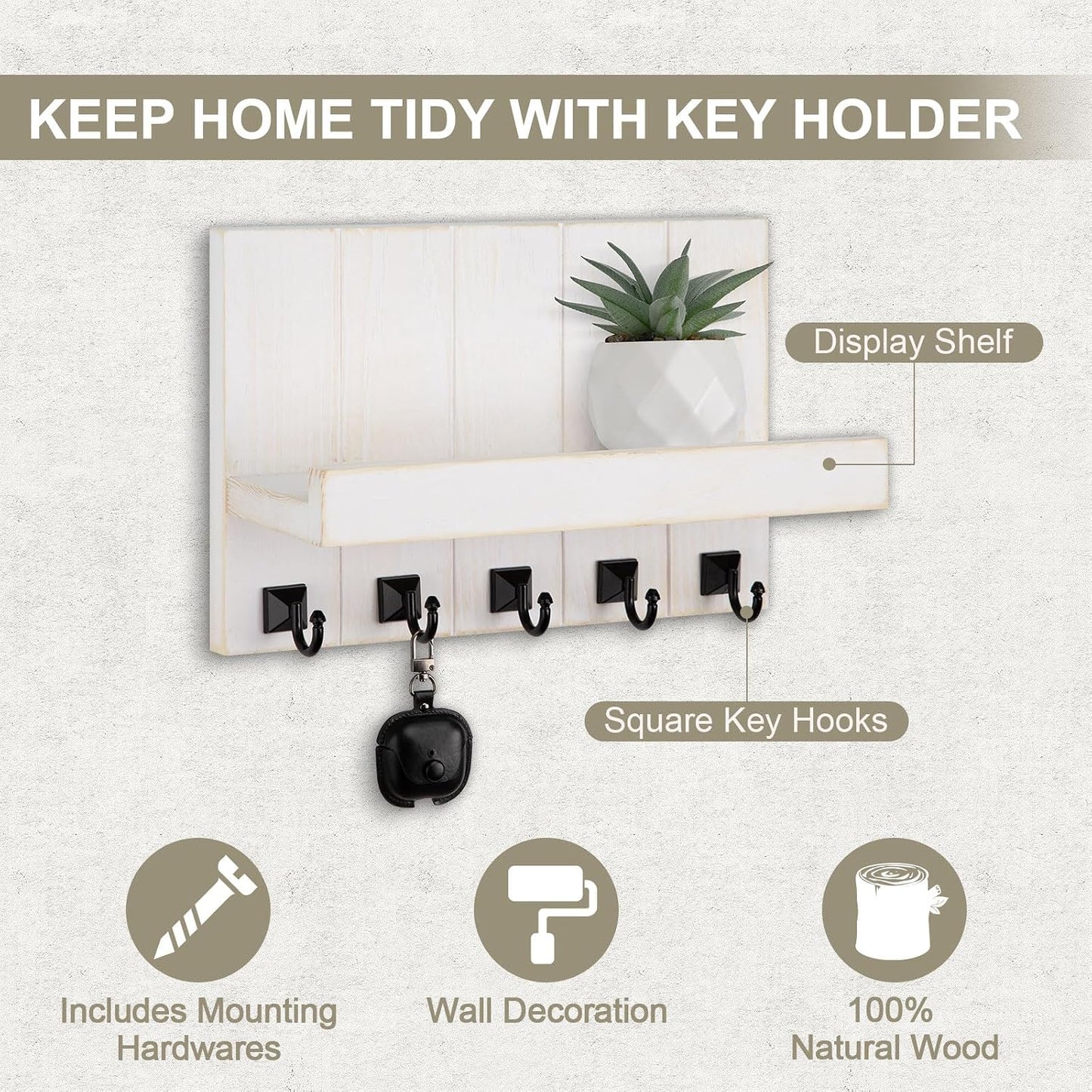 Key Holder for Wall, Decorative Key Holder with Shelf, Key and Mail Holder Wall Mount, Farmhouse Decor with 5 Key Hooks for Keys, Coats, ect.