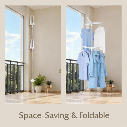 Beaudaily Clothes Drying Rack, Foldable 79.5-Inch Laundry Drying Rack,3 Tie, with Rotatable Arms, Stainless Steel, Holds 27 Clothes,8 Towels and 24 Clips for Hanging Socks, White and Silver