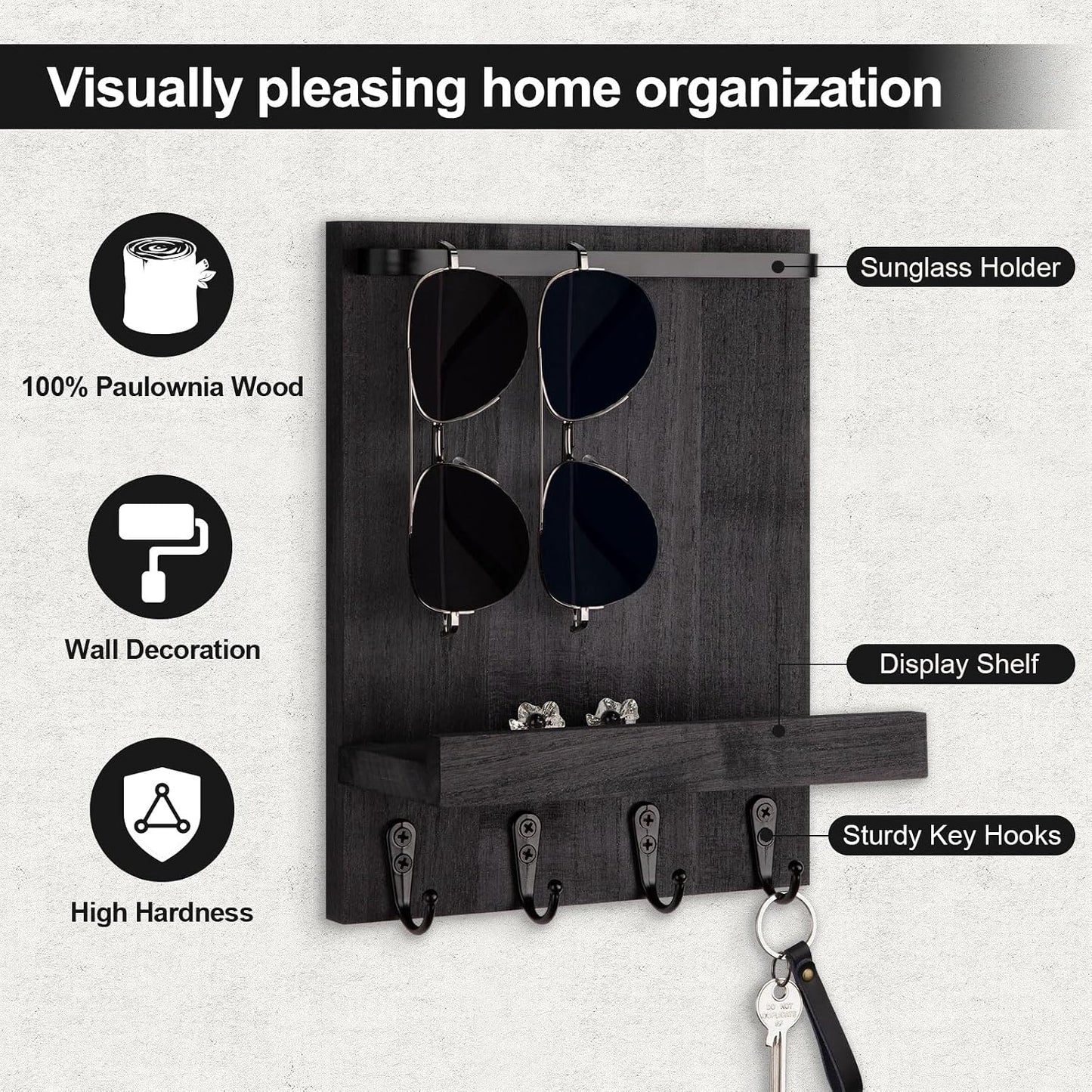 Key Holder Wall Mount, Key Holder for Wall with 4 Hooks, Farmhouse Key Hanger Holds Dog Leash, Sunglasses – Decorative Mail Organizer Home Decor (Black)