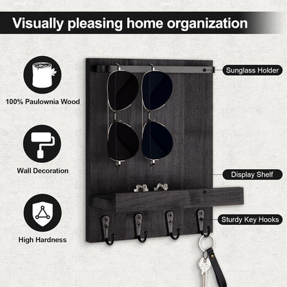 Key Holder Wall Mount, Key Holder for Wall with 4 Hooks, Farmhouse Key Hanger Holds Dog Leash, Sunglasses – Decorative Mail Organizer Home Decor (Black)
