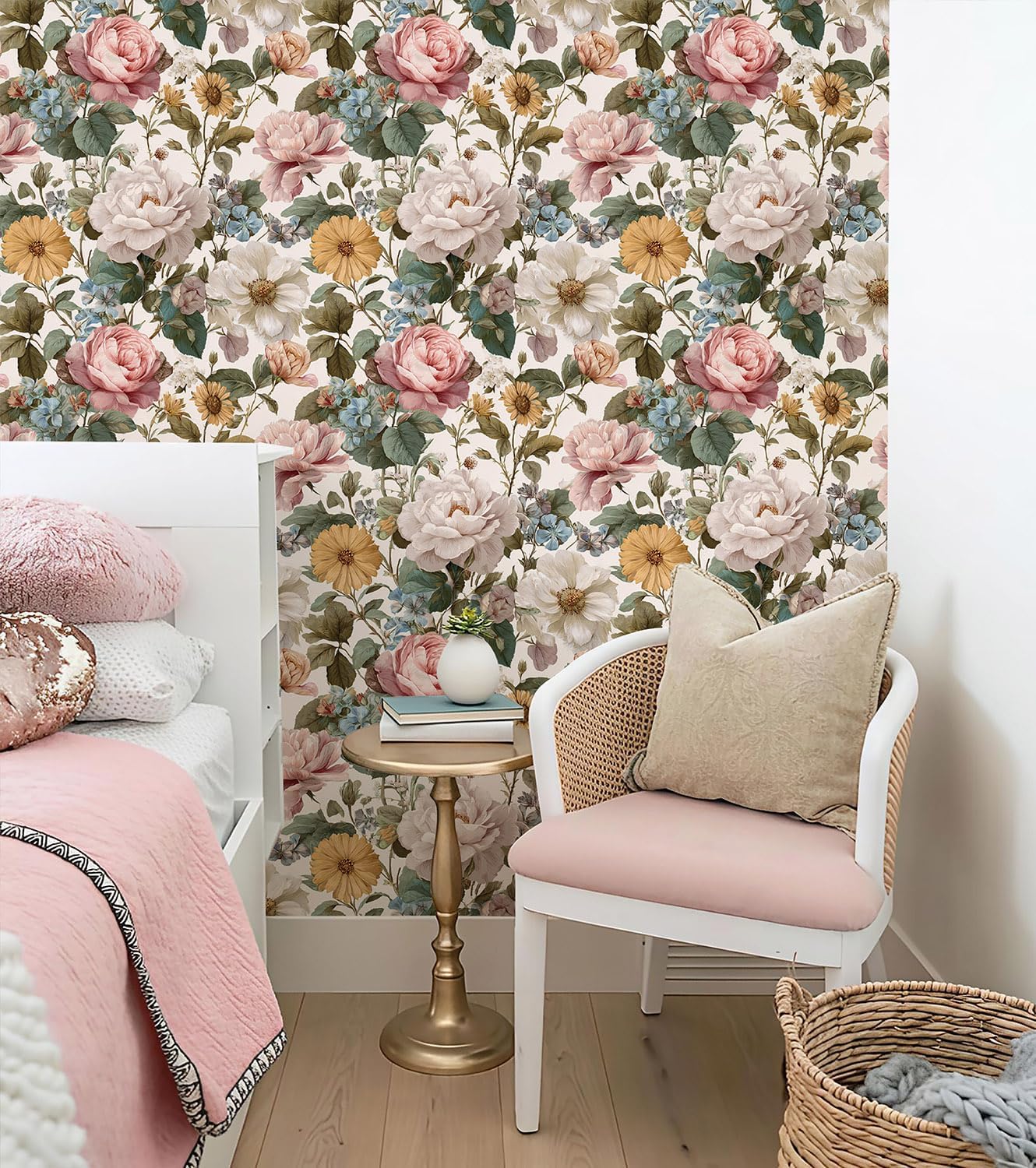 Orainege Pink Floral Peel and Stick Wallpaper Removable Self Adhesive Wallpaper 16.9inx118.1in Modern Wall Paper for Bedroom Bathroom Green Leaf Contact Paper for Cabinets