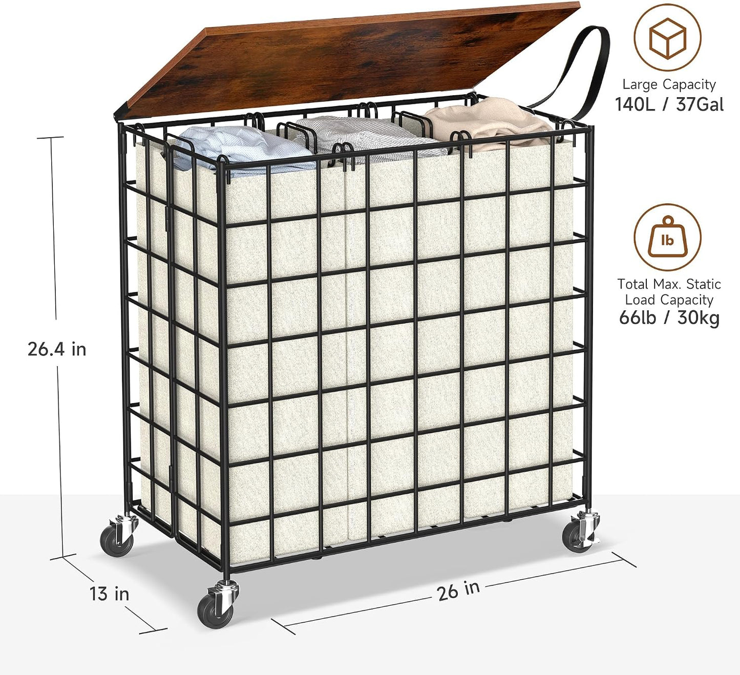 Laundry Basket with Wheels, Heavy Duty Laundry Sorter 3 Sections, 140L (37Gal.) Large Capacity Laundry Hamper with Wood Lid, 360 Rolling Wheels, Extra Side Pocket, Leather Pull Handle (Beige)
