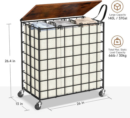 Laundry Basket with Wheels, Heavy Duty Laundry Sorter 3 Sections, 140L (37Gal.) Large Capacity Laundry Hamper with Wood Lid, 360 Rolling Wheels, Extra Side Pocket, Leather Pull Handle (Beige)