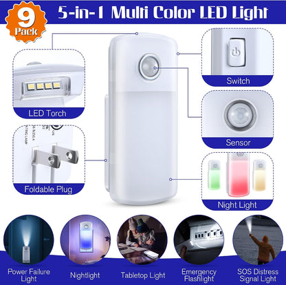 Enhon Emergency Power Failure Night Lights, 5-in-1 Multi Color LED Light, Rechargeable Flashlight with Foldable Plug, Automatic On Off Motion Sensor for Bedrooms, Hallways, Black Outs(3 Pack)
