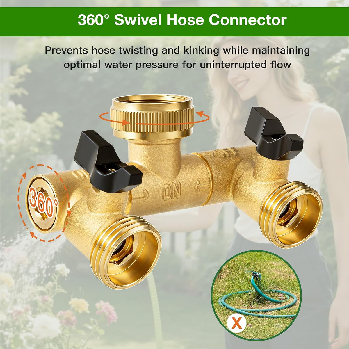 360° Swivel Garden Hose Splitter 2 Way, Solid Brass Water Hose Splitter with Dual Shutoff Valves, 3/4" GHT Thread Leak-Proof Hose Connector for Outdoor Faucet Lawn, Irrigation & Washing