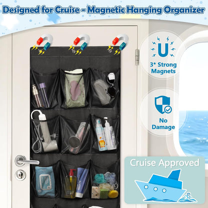 Over The Door Cruise Ship Organizer - Cruise Ship Magnetic Door Organizer with 15 Size-Graded Pockets, Hanging Magnetic Cruise Storage Shoe Rack for Cabin, 2026 Cruise Essential, 9 Hooks(White)