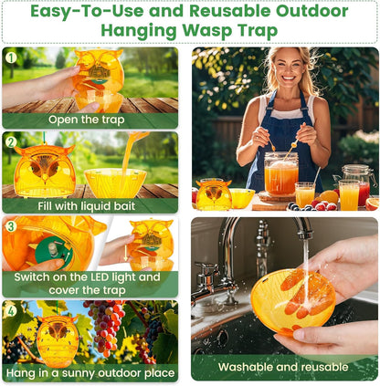 Solar Wasp Trap, Owl-Shaped Outdoor Hanging Bee Catcher with Solar LED Light, Non-Toxic Reusable Trap for Wasps, Hornets & Yellow Jackets, 2 Pack - Orange, Ideal for Gardens & Yards