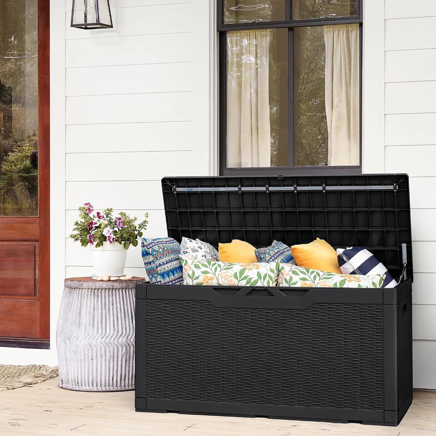 Flamaker Resin Deck Box 120 Gallon Waterproof Large Outdoor Indoor Storage Box Imitation Wood Resin for Patio Furniture Garden Tools and Pool (Black)