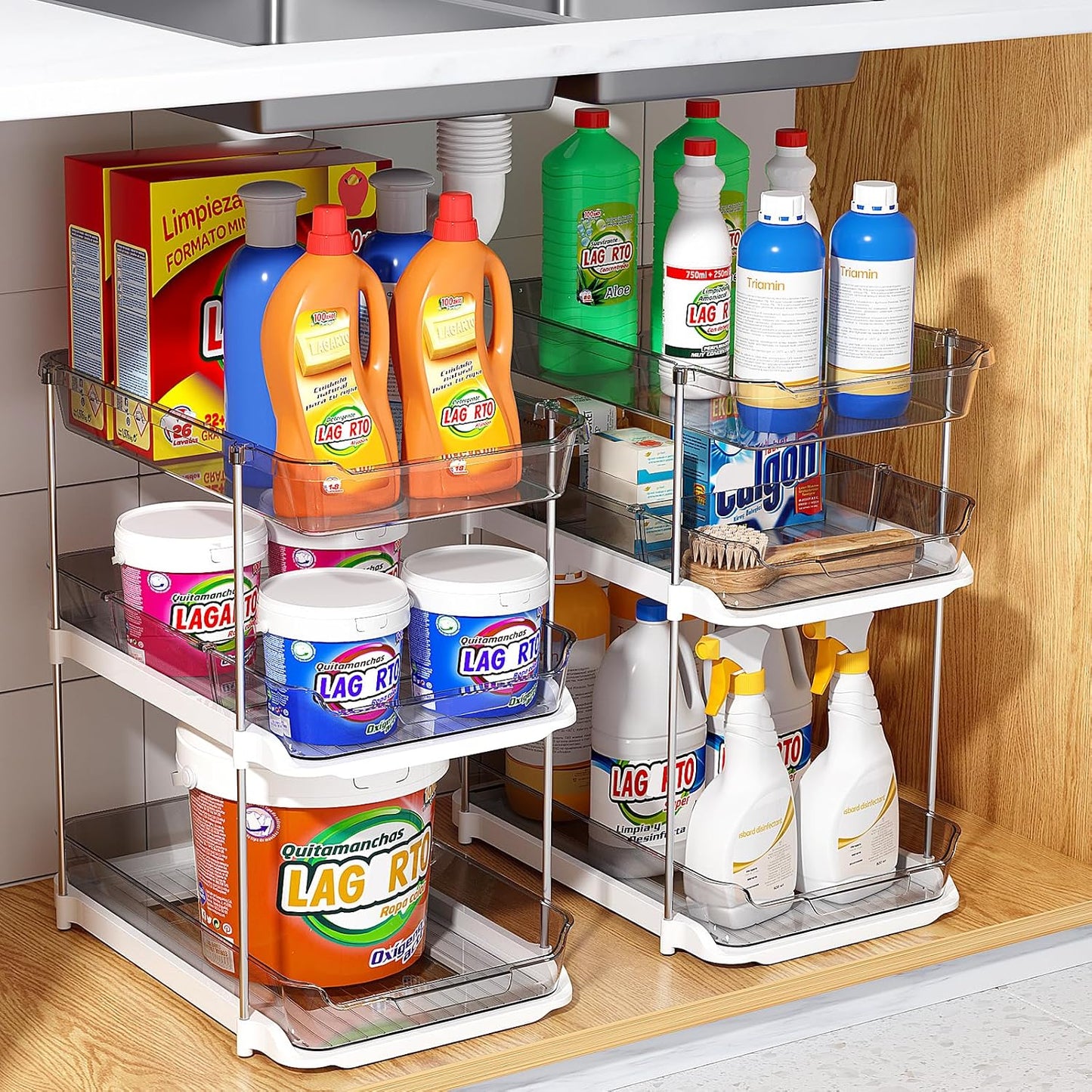 Delamu 2 Sets of 3-Tier Bathroom Under Sink Organizers and Storage, Multi-Purpose Stackable Pantry Organization and Storage, Pull Out Clear Kitchen Bathroom Cabinet Organizer with Movable Dividers | Storage