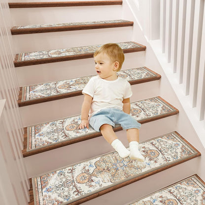 Pauwer Carpet Stair Treads for Wooden Steps Indoor 15 Pack 8" X 30" Peel and Stick Stair Treads Non Slip Staircase Step Treads Reusable Stair Runner Rugs for Dogs, Kids and Elders