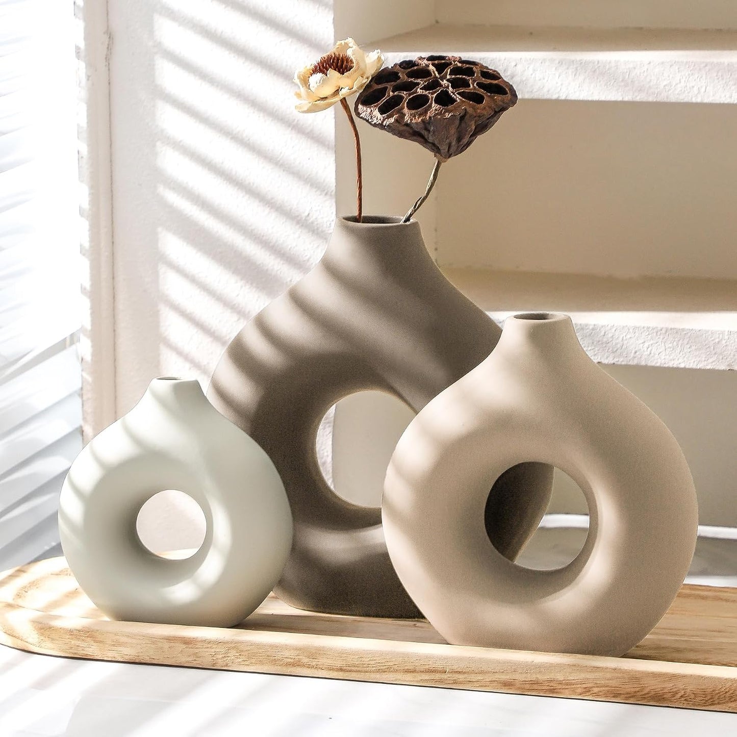 Vanselia Ceramic Vase Home Table Decor - Flower Vases Set of 3 Small Living Room Centerpiece Decorations for Shelf Bedroom Office Kitchen Dining Desk Modern Aesthetic Farmhouse Decorative (Classic)