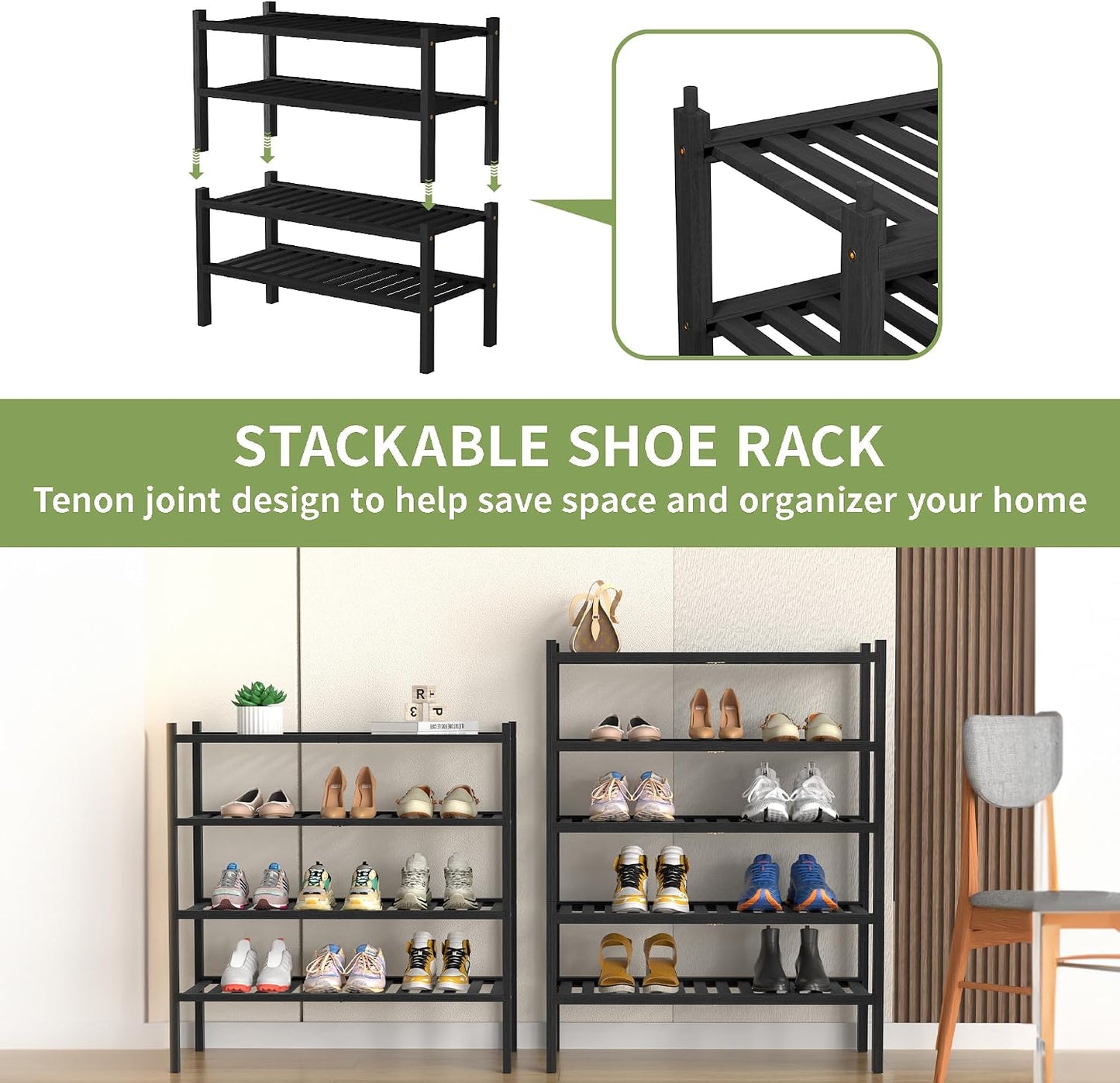 ROMGUAR CRAFT 3 Tier Bamboo Shoe Rack for Closet Free Standing Wood Shoe Shelf Storage Organizer for Entryway Small Space Stackable 27"x11"x20" (Natural)
