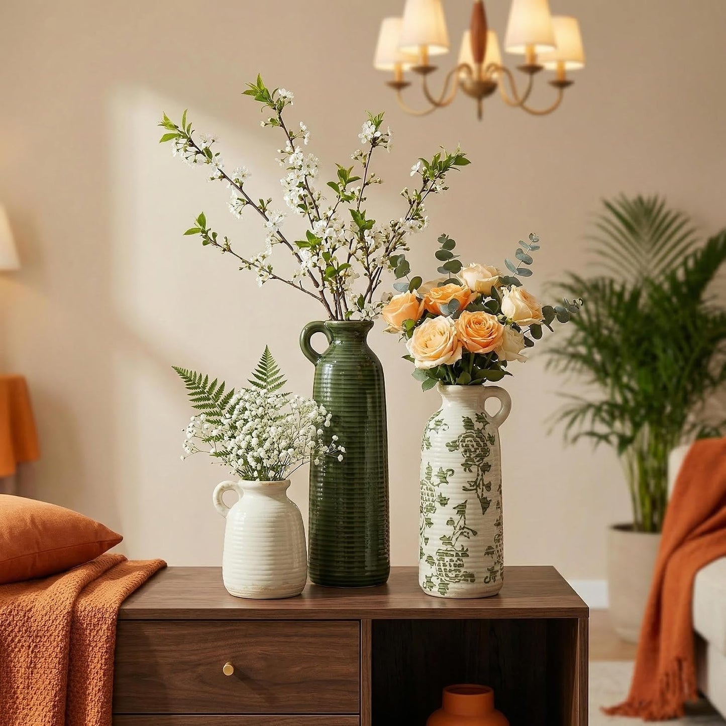 Ceramic Vase Set of 3 with Handles, Green White Neutral Rustic Modern Farmhouse Boho Decor, Versatile as Table Centerpiece or Mantel & Shelf Accent - Unique Home Gift Idea