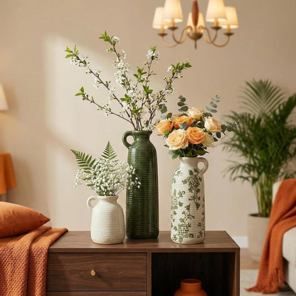 Ceramic Vase Set of 3 with Handles, Green White Neutral Rustic Modern Farmhouse Boho Decor, Versatile as Table Centerpiece or Mantel & Shelf Accent - Unique Home Gift Idea