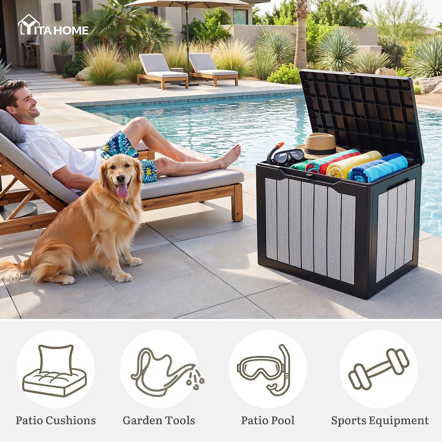 YITAHOME 100 Gallon Large Outdoor Deck Box | Waterproof Resin Storage Box, Lockable Indoor Outdoor Storage Container for Patio Furniture Cushions, Pool Accessories