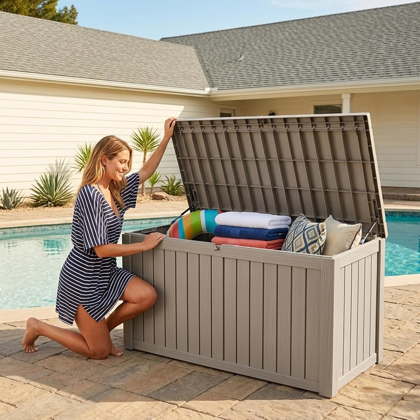 Outdoor Storage Box, 320 Gallon Waterproof Deck Box [Upgraded 3.0], Dual Gas-Spring Ultimate Resin Organizer for King Cushions, Heavy-Duty Lockable Estate Storage Bench, Backyard BBQ, Black