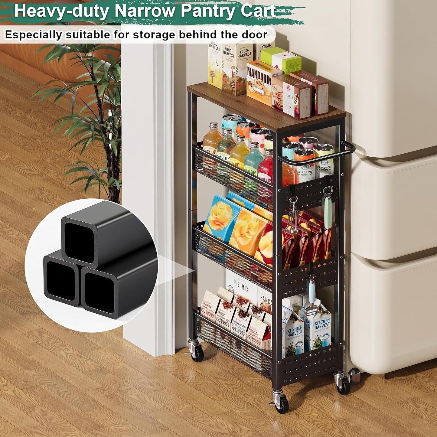 Utility Slim Storage Cart, 4-Tier Narrow Bathroom Organizers and Storage Cart, Narrow Metal Kitchen Laundry Room Organization Shelf with Wood Top, Slim Rolling Carts with Wheels for Small Space