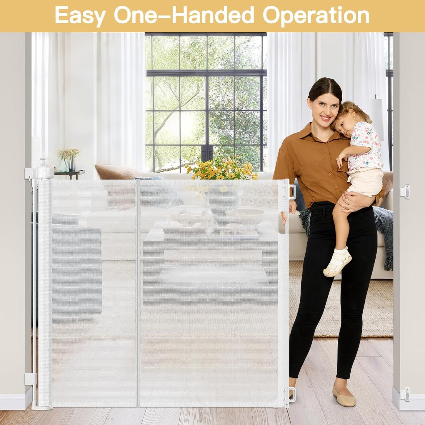 Newly Enhanced - 42" Tall × 120" Extra Wide Retractable Baby Gate Keeps Pets from Getting Under Tall Dog Gate, Indoor/Outdoor Baby Gates for Dogs, Retractable Dog Gate for Large Openings, White