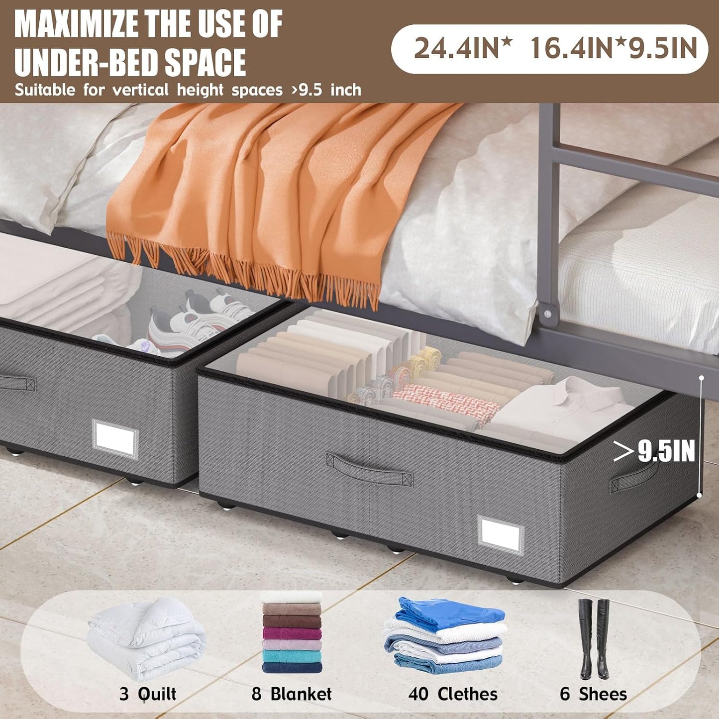 EE-RoomWorld Under Bed Storage with Wheels, No Assemble Required 5.5 inches height grey under bed storage bins,Low Profile Rolling Underbed Shoe Storage containers，dorm underbed storage drawers