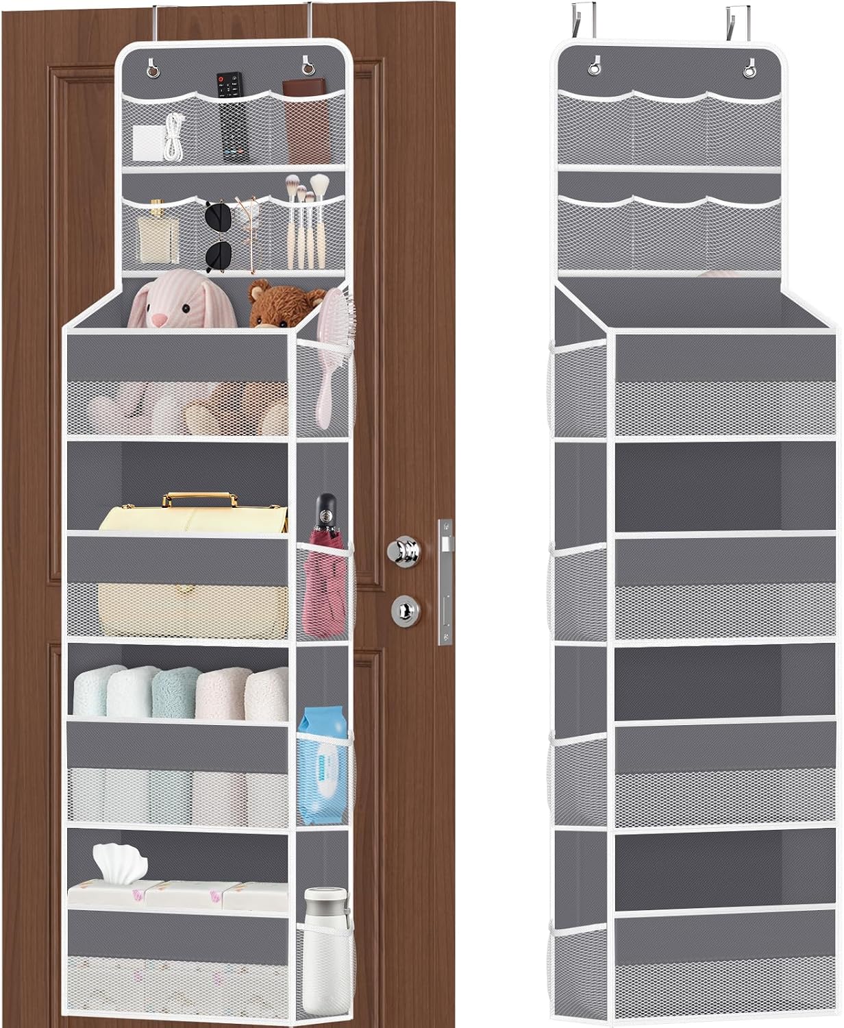SpaceHacks 5-Tier Over the Door Organizer with Mesh Pockets, Baby Nursery Storage for Closet, Bathroom and Bedroom, Adjustable Hanging Closet Organizer for Cosmetics, Books and Essentials (Dark Grey)