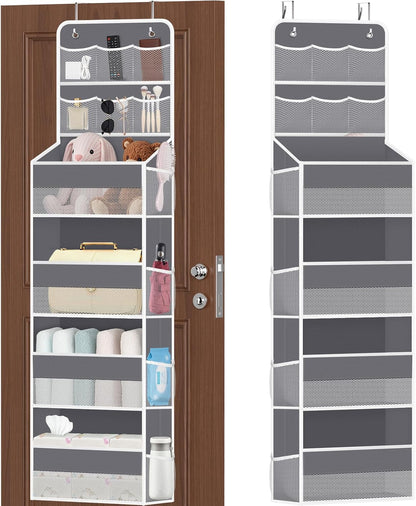SpaceHacks 5-Tier Over the Door Organizer with Mesh Pockets, Baby Nursery Storage for Closet, Bathroom and Bedroom, Adjustable Hanging Closet Organizer for Cosmetics, Books and Essentials (Dark Grey)