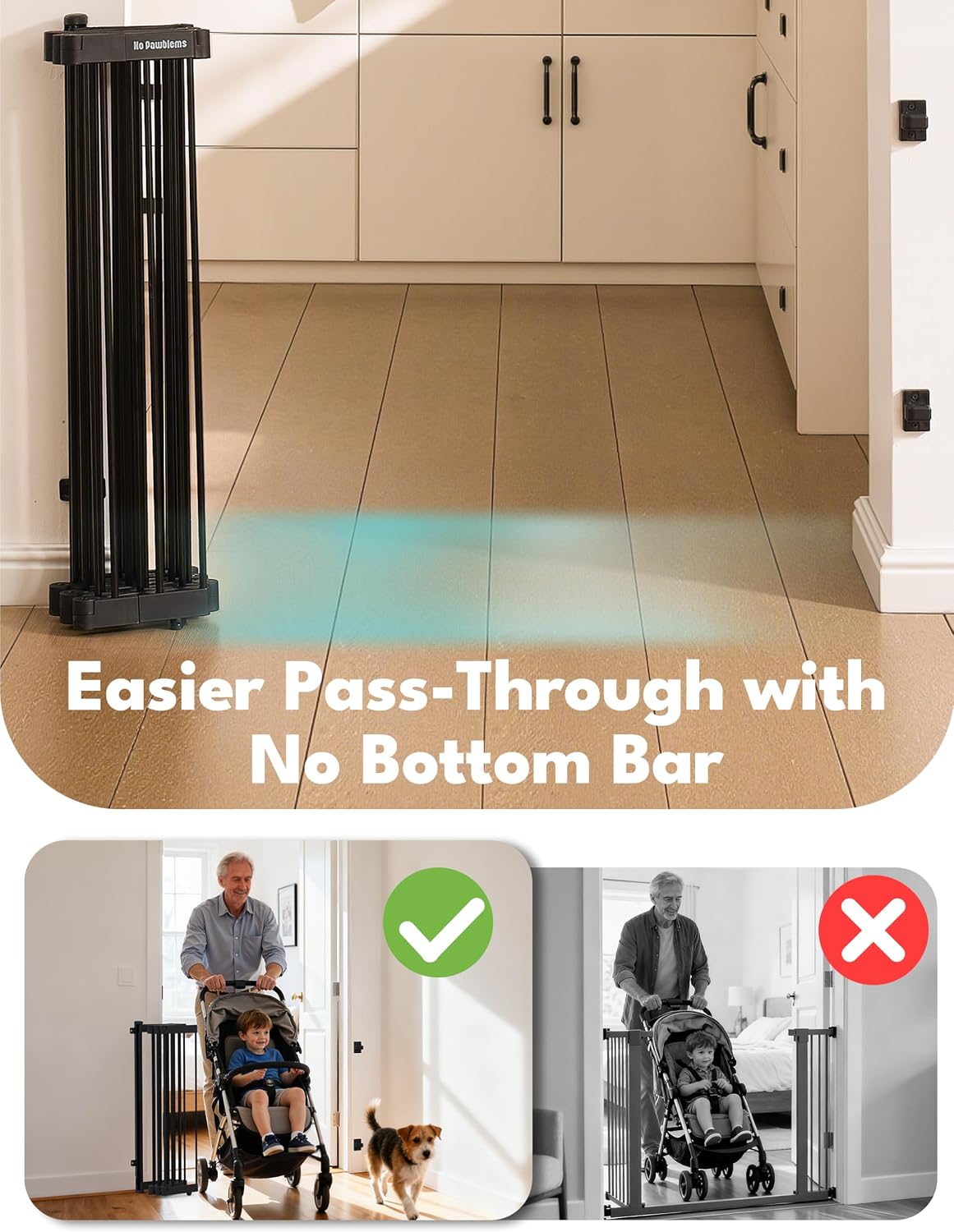 No Pawblems Retractable Safety Gate, Metal Adjustable Dog Gate for Doorways, Stairs & Hallways, Expands to 38" Wide, Auto Retract Design, No Bottom Bar, Black