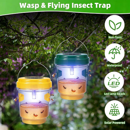 4 Pack Solar Wasp Traps Outdoor Hanging with LED Light, Bee Catcher Reusable Yellow Jacket Trap for Outdoors, Carpenter Bee Protection for Patio, Backyard, Garden