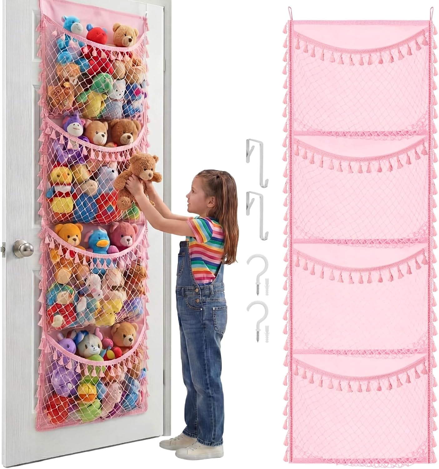 Ofiray-home Cotton Over The Door Stuffed Animal Storage | Toy Organizer for Storage Plush Toys, Stuffed Animal Holder with 4 Large Pockets, Hanging Door Organizer for Nursery