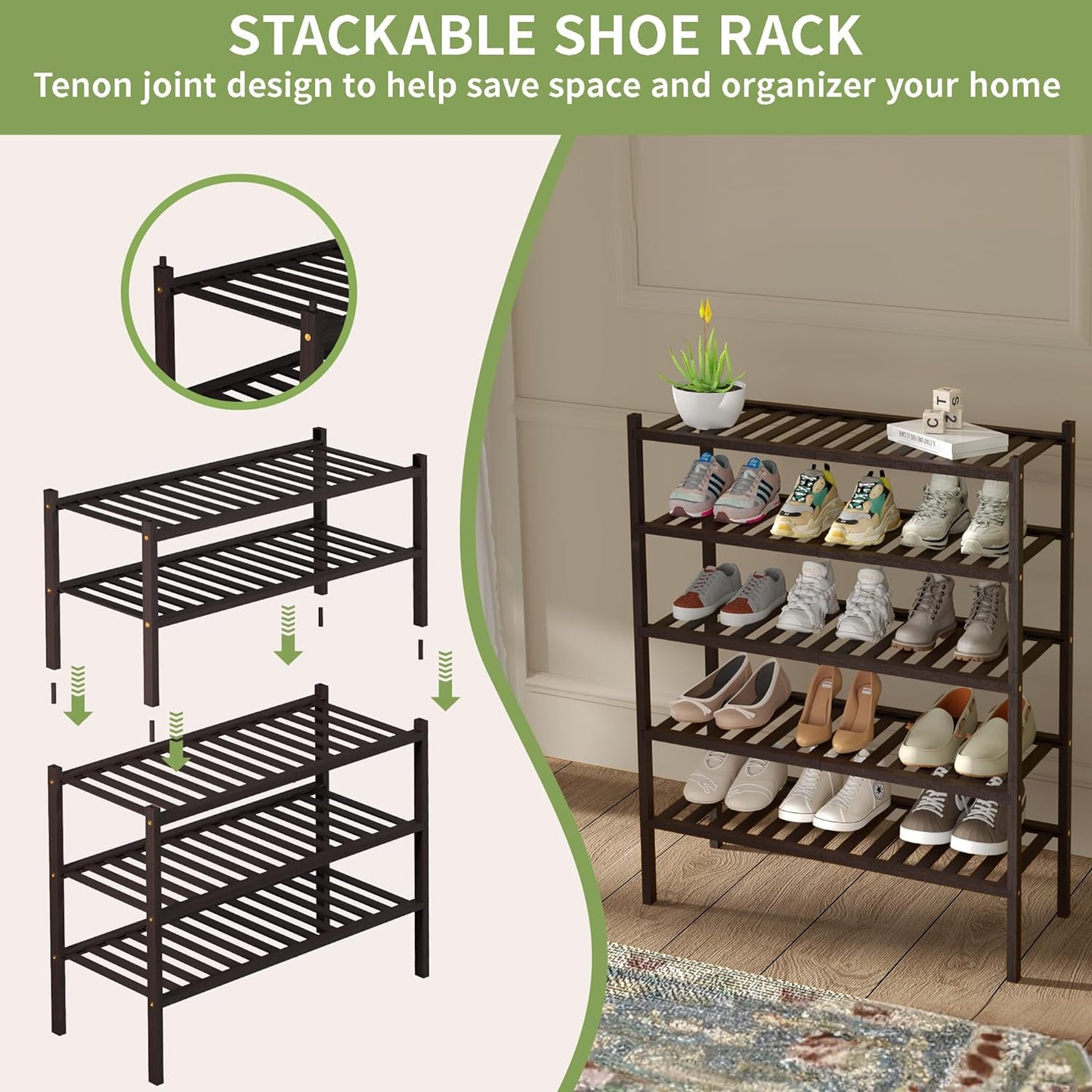 ROMGUAR CRAFT 3 Tier Bamboo Shoe Rack for Closet Free Standing Wood Shoe Shelf Storage Organizer for Entryway Small Space Stackable 27"x11"x20" (Natural)