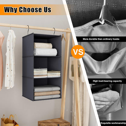 Hanging Closet Organizer 3-Shelf, Oxford Fabric Wardrobe Storage, Gray | Easy-mount foldable design holds clothes, handbags, shoes & accessories; washable Oxford fabric, sturdy and space-saving.