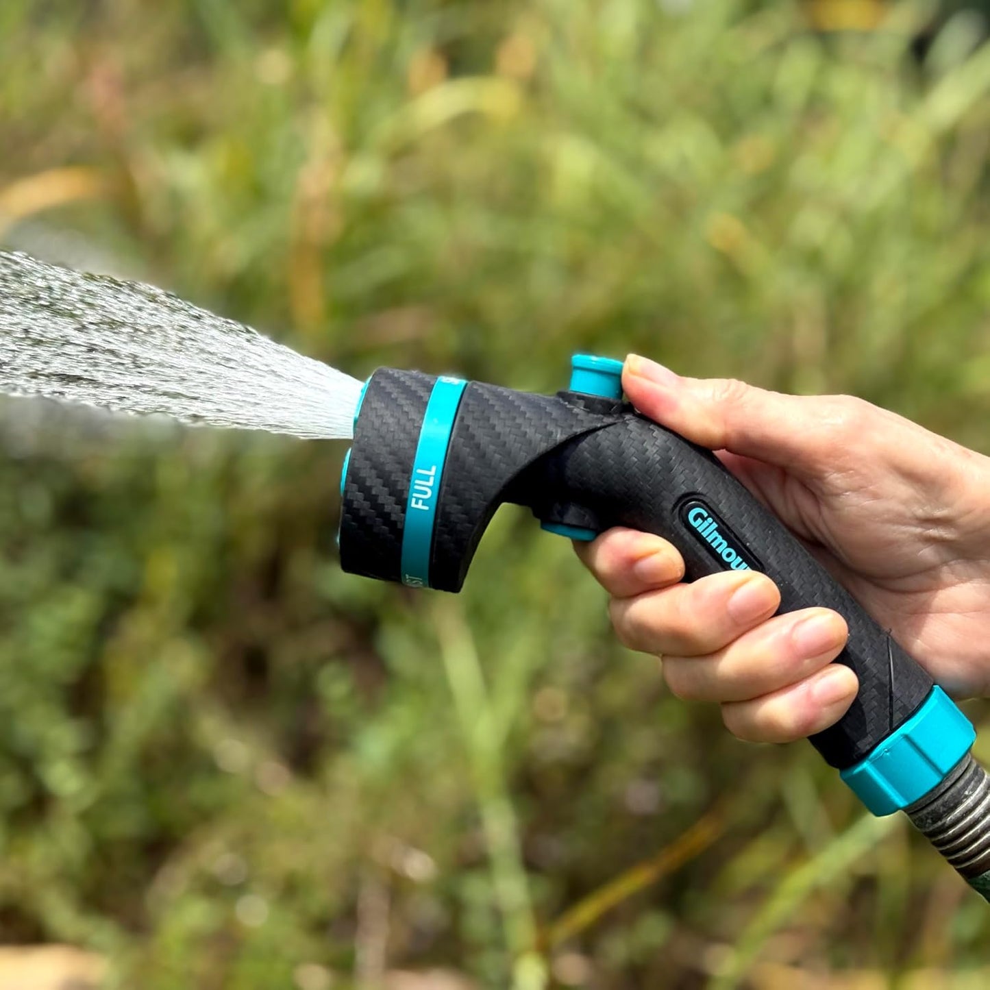 Gilmour Heavy Duty Garden Hose Nozzle, Swivel Connect, 5 Spray Patterns, Ergonomic Grip, Flow Control, Trigger Lock, Button Control