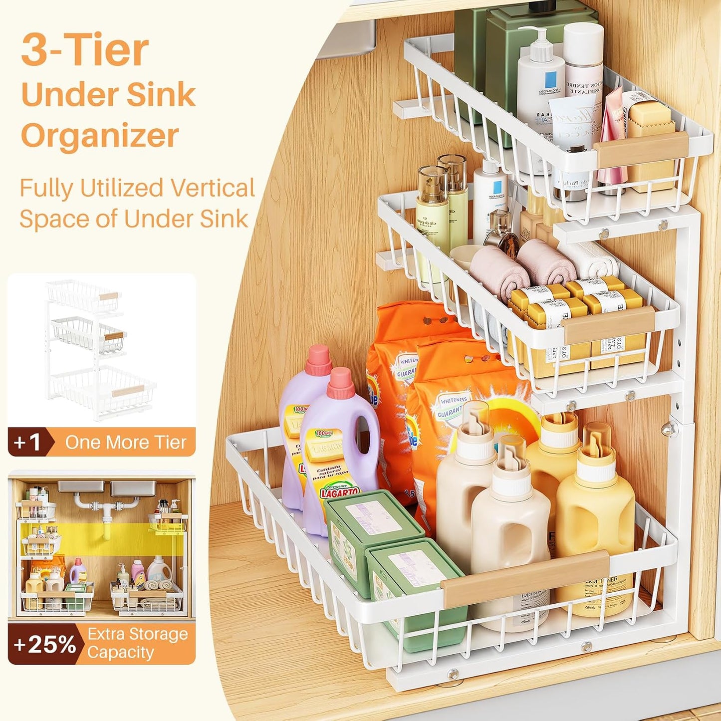 PXRACK Under Sink Organizer, 3-Tier 2-Pack Adjustable Height Pull Out Under Cabinet Organizer, Slide Out Thickened Metal Under Sink Storage for Kitchen Bathroom Laundry Pantry Organization, Black