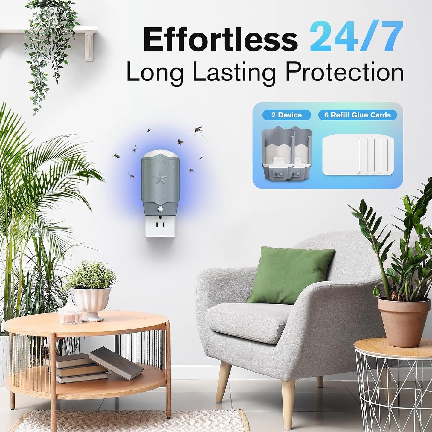 Indoor Fly Trap with UV Light, 2 Plug-in Flying Insect Traps and 6 Sticky Refills, Safe & Quiet Bug Catcher for Fruit Flies, Gnats, Mosquitoes, Moths & Small Insects