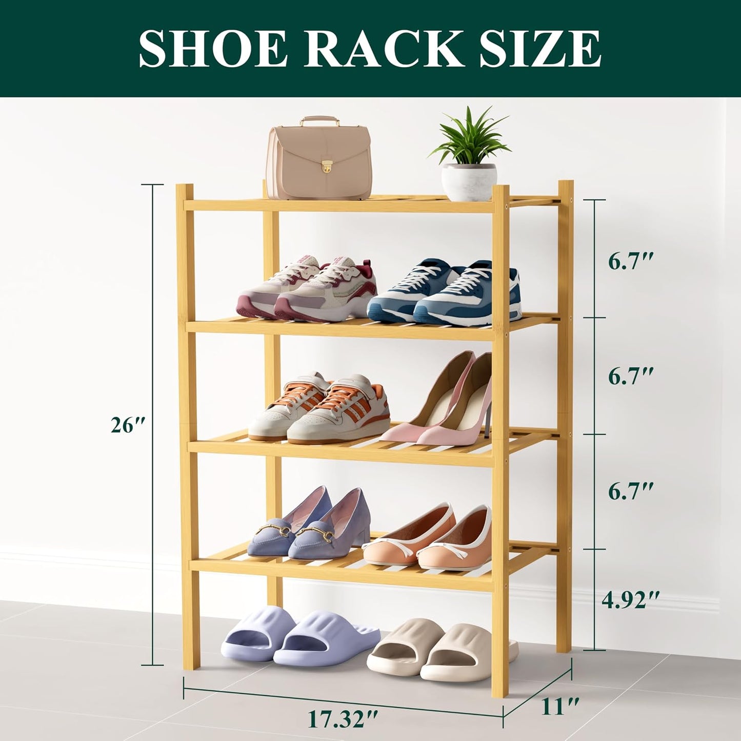 Smiry Bamboo Shoe Rack for Closet, 3 Tier Wooden Shoe Organizer, Stackable Wood Shoe Storage Shelf for Entryway, 14 Vertical Slats, One-piece Heavy-Duty Legs, 26.77"x11.02"x18.31", Natural