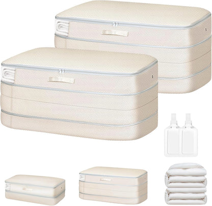 Comforter Storage Bag - Large Capacity Bedding Storage Bags Ultra Space Saving Self Compression Organizer, Washable Compression Bags for Storage Comforter Blanket Duvet Pillow, 2-Pack, Beige