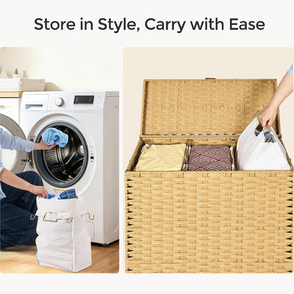 130L Laundry Hamper with Lid, 3 Section Laundry Hamper with 3 Removable Liner Bags, Large Wicker Laundry Basket with 4 Mesh Laundry Bags, Clothes Hamper for Laundry Room, Bedroom, Bathroom