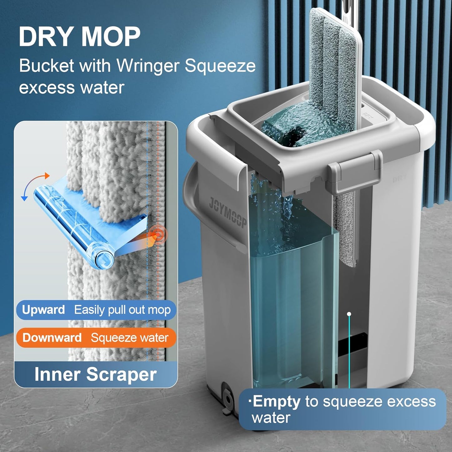 JOYMOOP Mop and Bucket Set, Flat Mops for Floor & Wall Cleaning, Commercial & Household Use, Hardwood Floor Mop with Long Handle & 4 Microfiber Pads