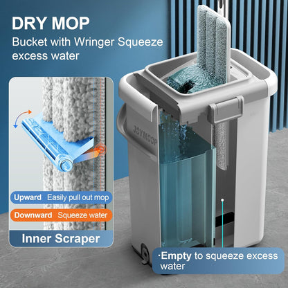 JOYMOOP Mop and Bucket Set, Flat Mops for Floor & Wall Cleaning, Commercial & Household Use, Hardwood Floor Mop with Long Handle & 4 Microfiber Pads