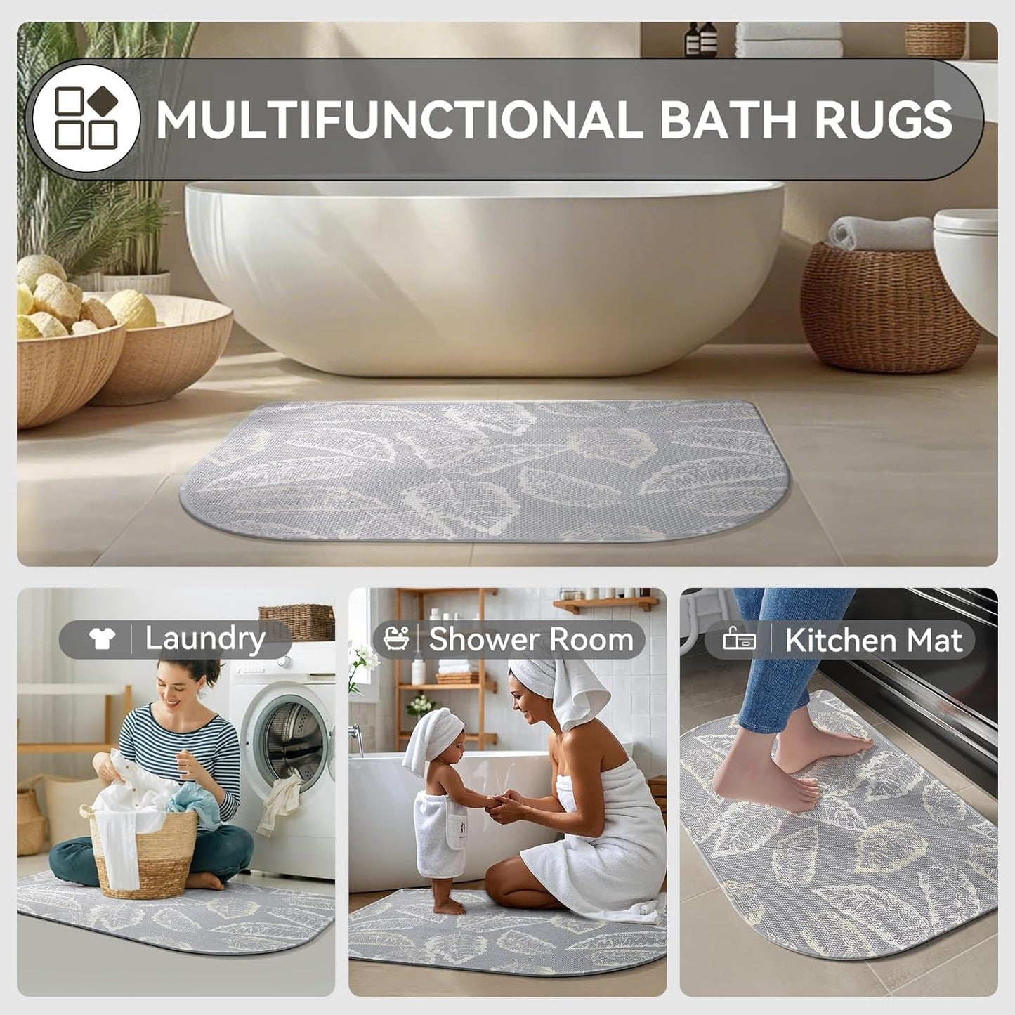 YDKGL Ultra Thin Bathroom Rugs Mat Quick Dry Absorbent Non Slip Bath Mat Bath Mats for Bathtub Mat Bathroom Carpet Fit Under Door Washable Floor Rubber Half Round Bath Rugs Grey 16x24
