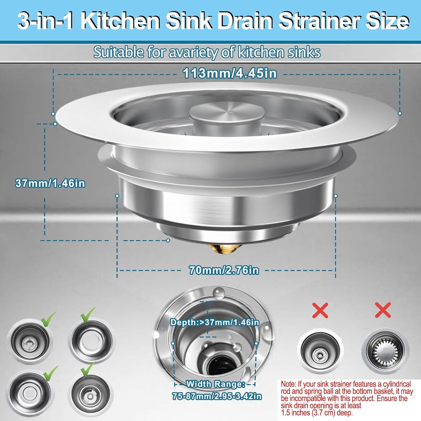 Kitchen Sink Drain Strainer for 3-1/2 Inch Drain Hole, 3-in-1 304 Stainless Steel Pop-Up Sink Strainer and Stopper with Anti-Clog Filter Basket & Food Catcher (Silver, 1 Pack)